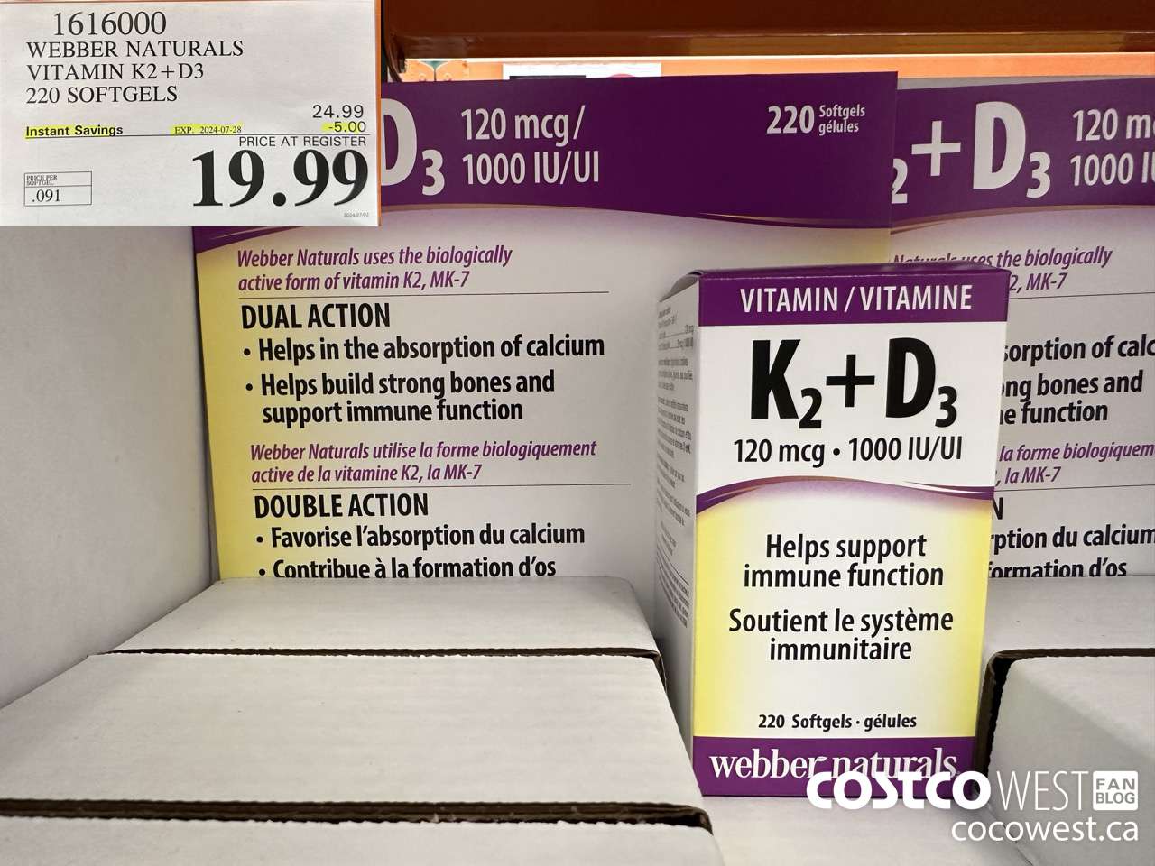 1616000 WEBBER NATURALS VITAMIN K2+D3 220 SOFTGELS ($5.00 INSTANT SAVINGS EXPIRES ON 2024-07-28) $19.99