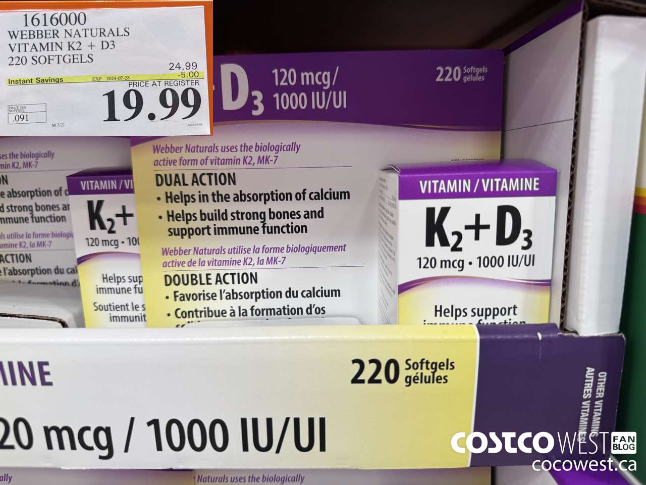 1616000 WEBBER NATURALS VITAMIN K2+D3 220 SOFTGELS ($5.00 INSTANT SAVINGS EXPIRES ON 2024-07-28) $19.99