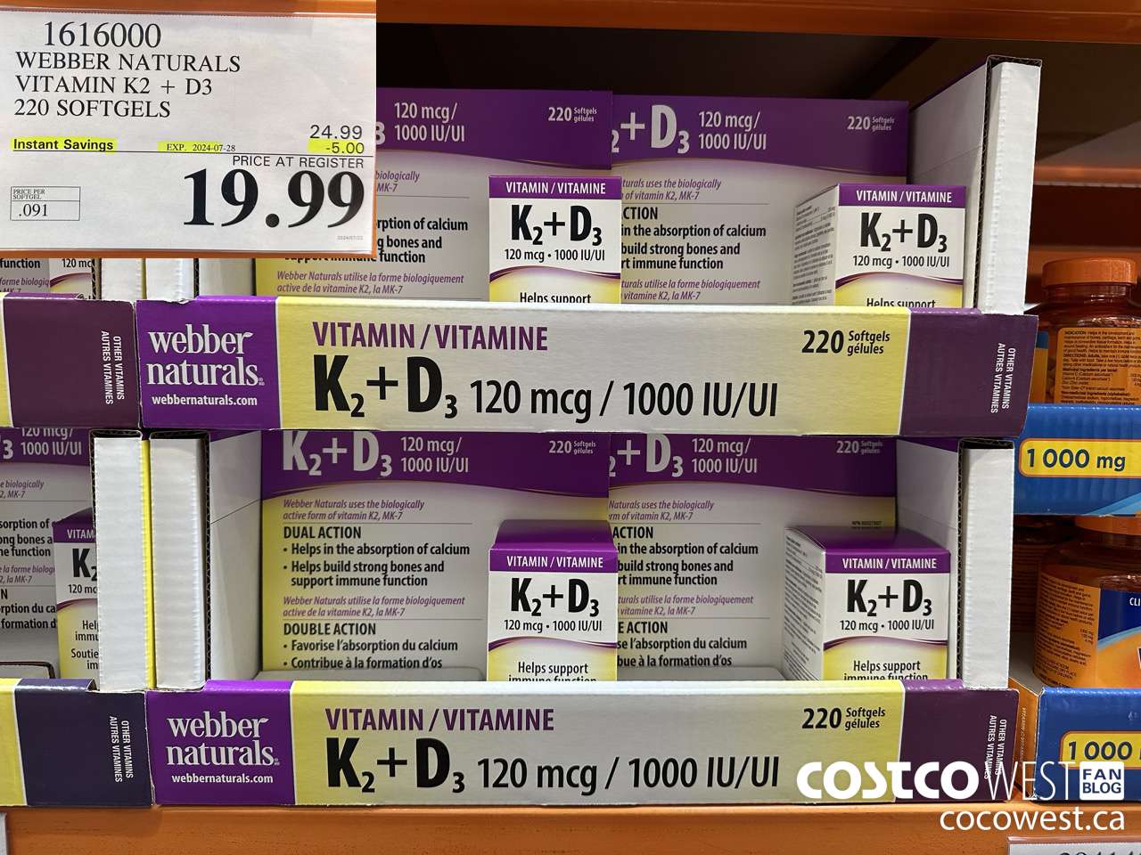 1616000 WEBBER NATURALS VITAMIN K2+D3 220 SOFTGELS ($5.00 INSTANT SAVINGS EXPIRES ON 2024-07-28) $19.99