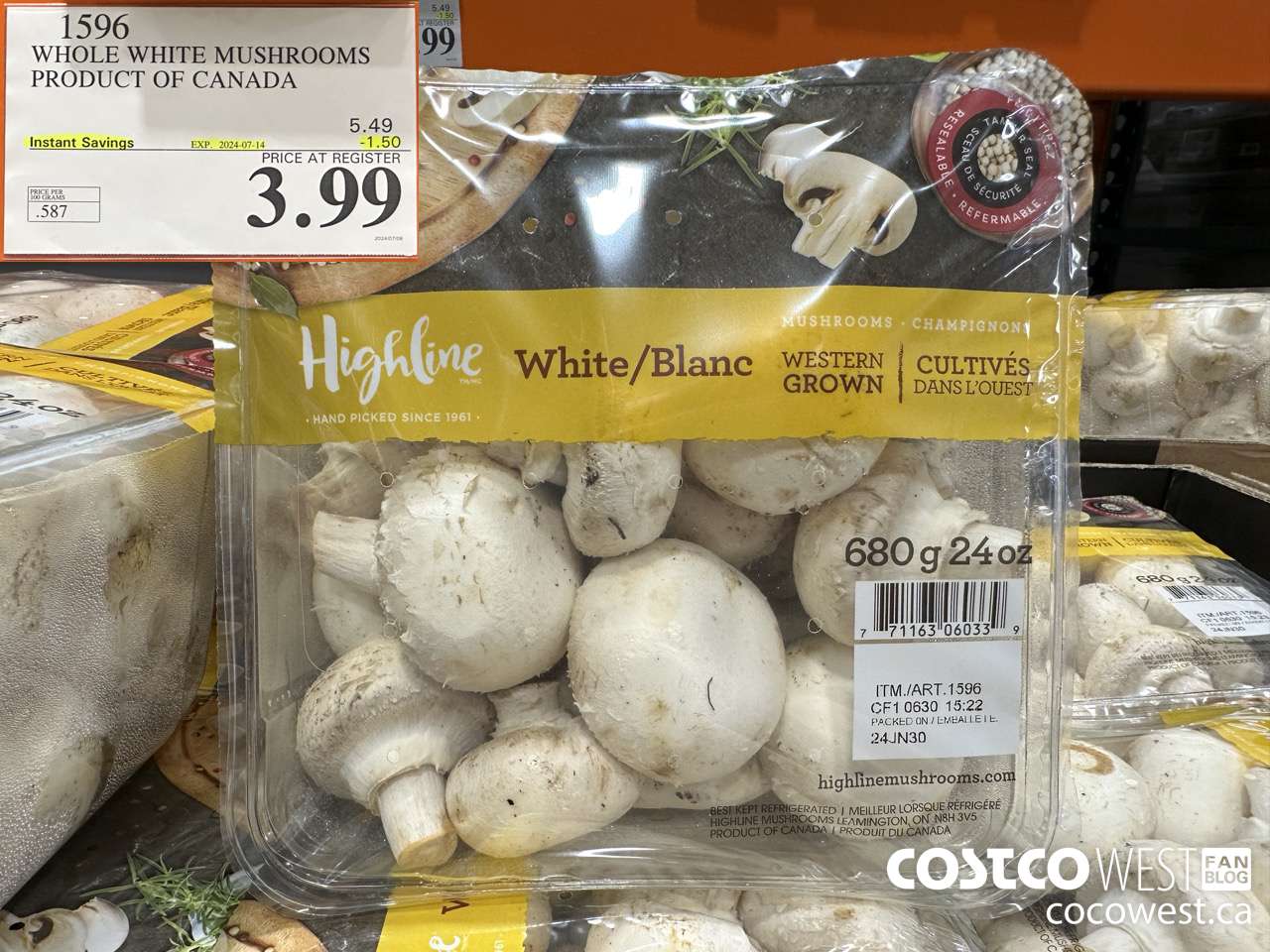 1596 WHOLE WHITE MUSHROOMS PRODUCT OF CANADA ($1.50 INSTANT SAVINGS EXPIRES ON 2024-07-14) $3.99