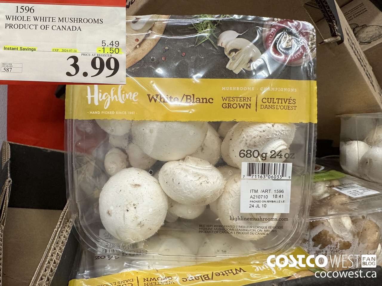 1596 WHOLE WHITE MUSHROOMS PRODUCT OF CANADA ($1.50 INSTANT SAVINGS EXPIRES ON 2024-07-14) $3.99
