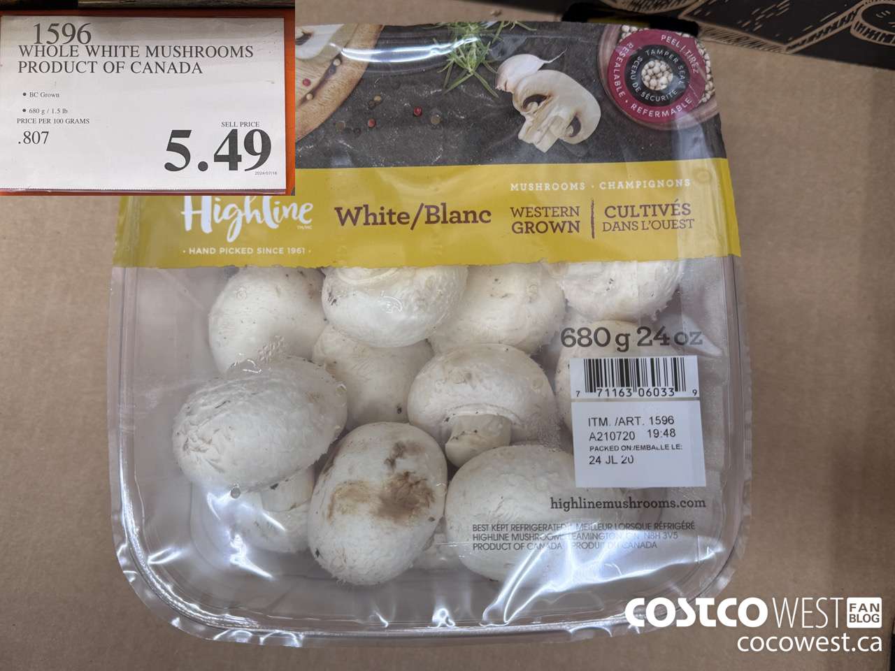 1596 WHOLE WHITE MUSHROOMS PRODUCT OF CANADA $5.49