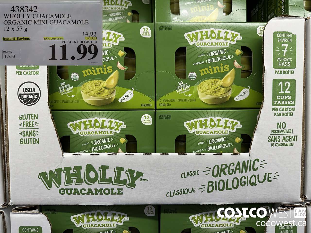 438342 WHOLLY GUACAMOLE ORGANIC MINI GUACAMOLE 12 x 57 g ($3.00 INSTANT SAVINGS EXPIRES ON 2024-08-04) $11.99