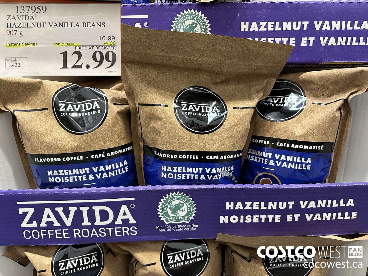 137959 ZAVIDA HAZELNUT VANILLA BEANS 907 g ($4.00 INSTANT SAVINGS EXPIRES ON 2024-08-11) $12.99
