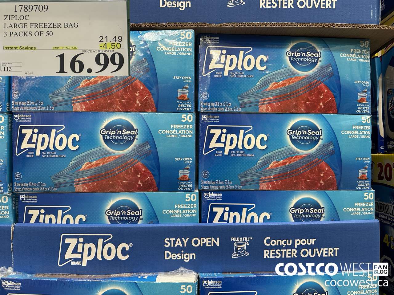 1789709 ZIPLOC LARGE FREEZER BAG 3 X 50 ($4.50 INSTANT SAVINGS EXPIRES ON 2024-07-07) $16.99