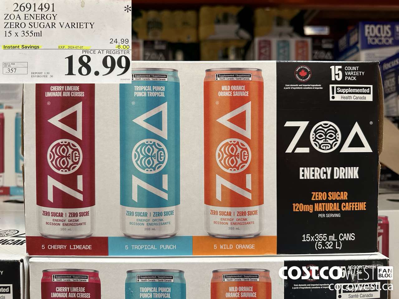 2691491 ZOA ENERGY ZERO SUGAR VARIETY 15 X 355ML ($6.00 INSTANT SAVINGS EXPIRES ON 2024-07-07) $18.99