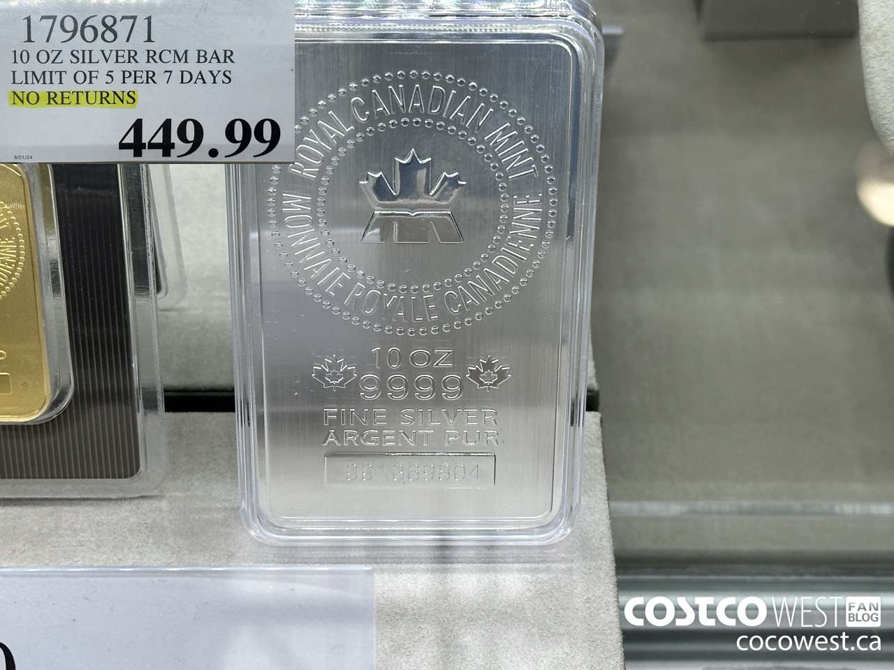 1796871 10 OZ SILVER RCM BAR LIMIT OF 5 PER 7 DAYS NO RETURNS  $449.99