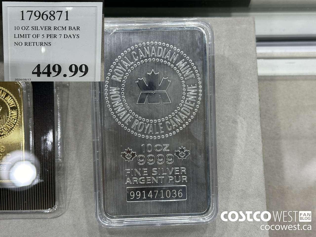 1796871 10 OZ SILVER RCM BAR LIMIT OF 5 PER 7 DAYS NO RETURNS  $449.99