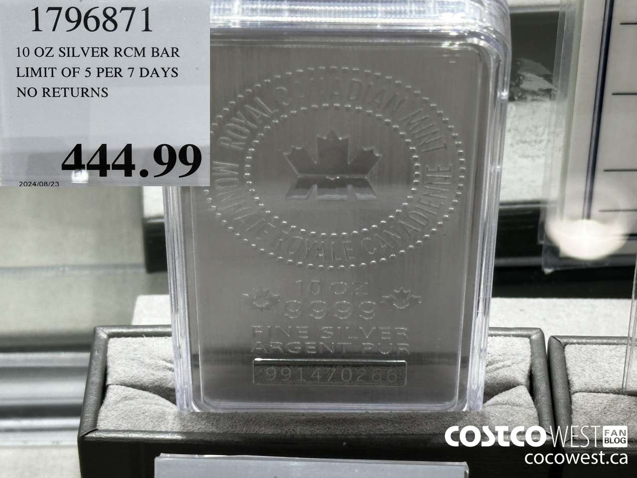 1796871 10 OZ SILVER RCM BAR LIMIT OF 5 PER 7 DAYS NO RETURNS  $444.99