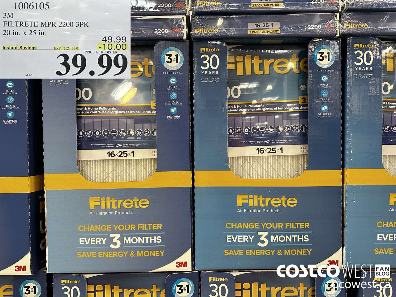 1006105 3M FILTRETE MPR 2200 3PK 20IN X 25IN ($10.00 INSTANT SAVINGS EXPIRES ON 2024-09-01) $39.99