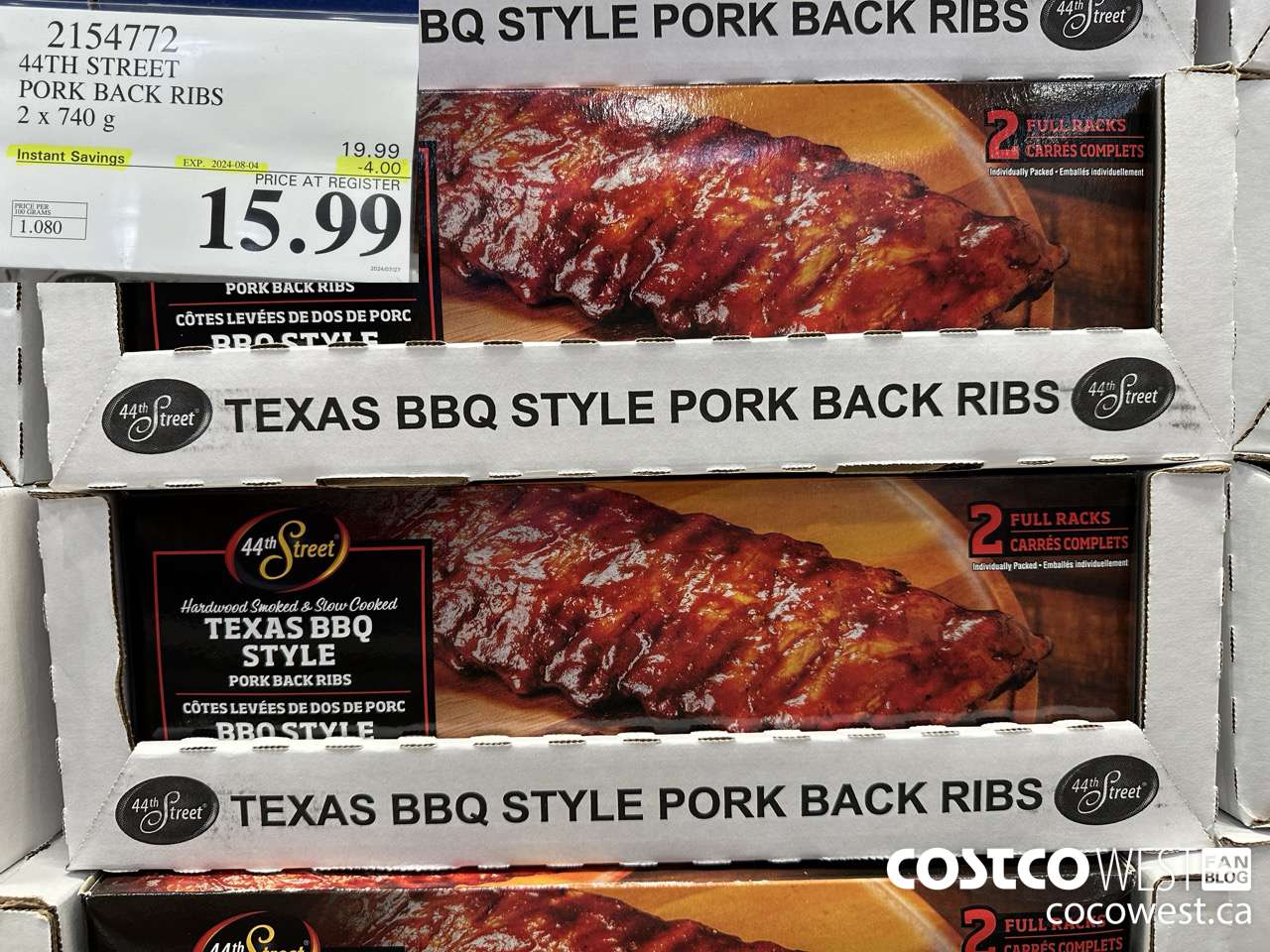 2154772 44TH STREET PORK BACK RIBS 2 X 740 G ($4.00 INSTANT SAVINGS EXPIRES ON 2024-08-04) $15.99