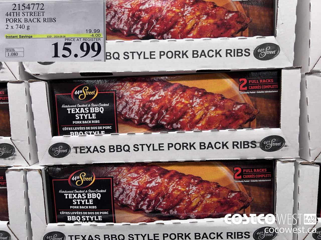 2154772 44TH STREET PORK BACK RIBS 2 X 740 G ($4.00 INSTANT SAVINGS EXPIRES ON 2024-08-06) $15.99