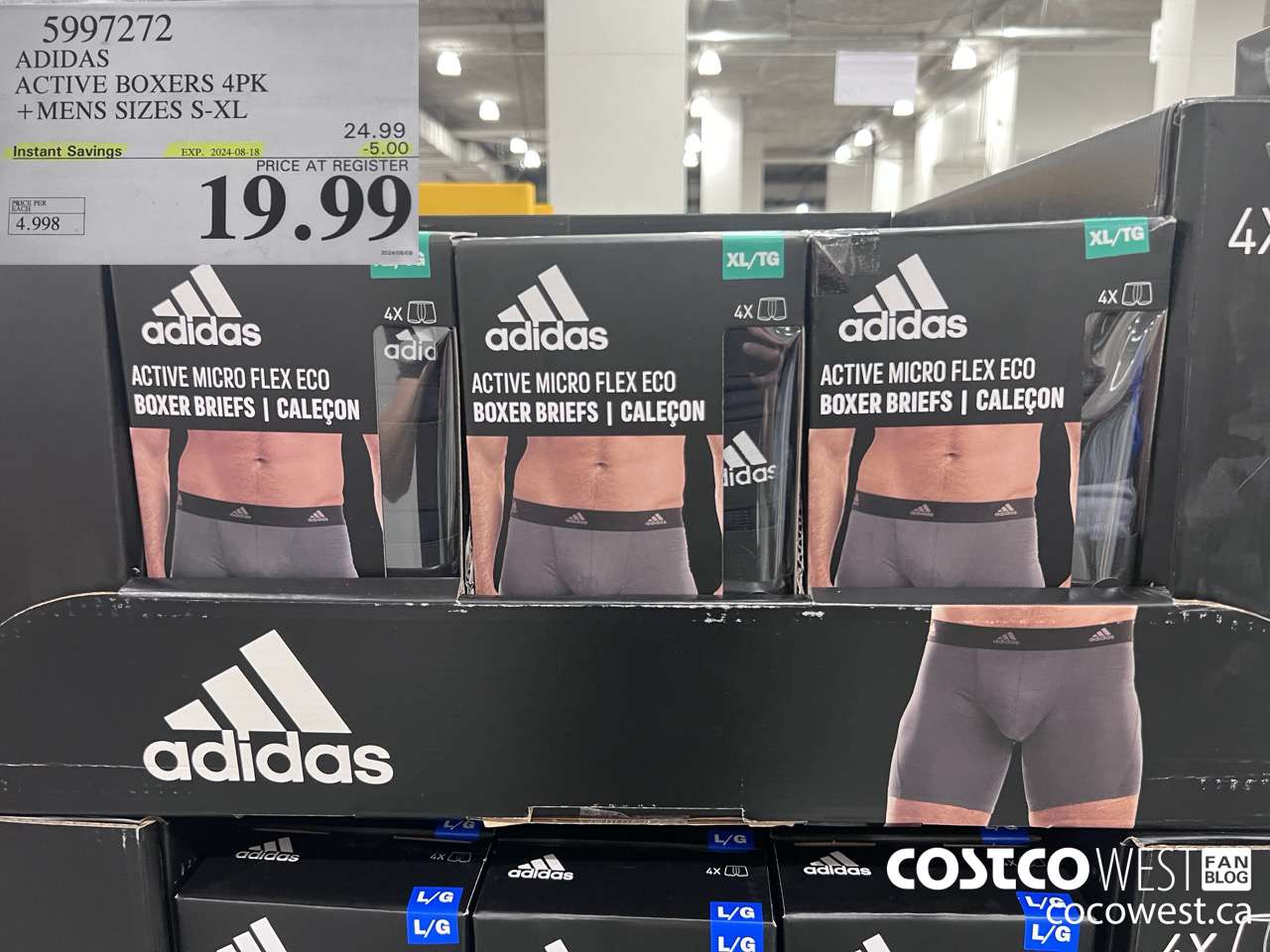 5997272 ADIDAS ACTIVE BOXERS 4PK MENS SIZES S-XL ($5.00 INSTANT SAVINGS EXPIRES ON 2024-08-18) $19.99