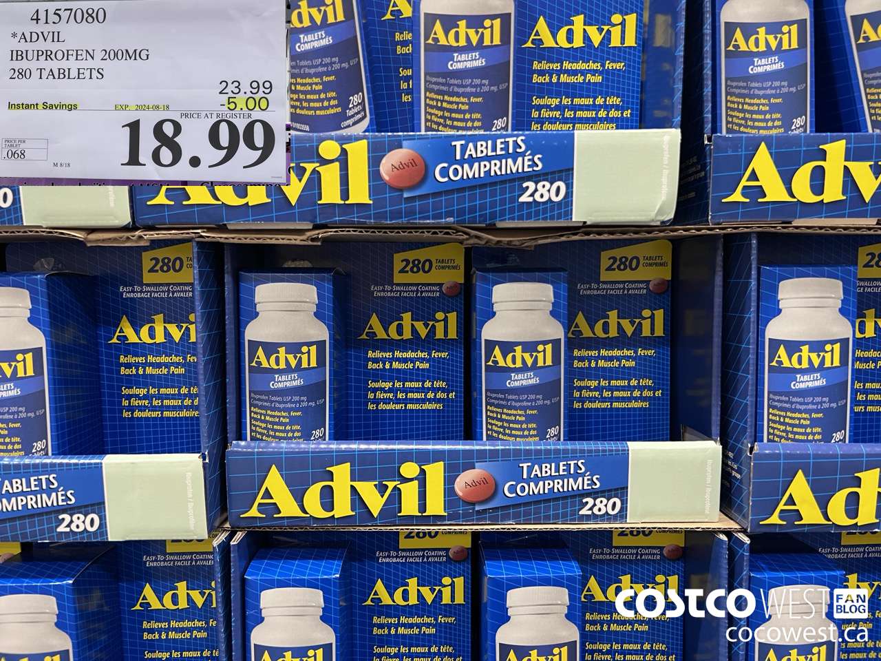 4157080 ADVIL 280 TABLETS IBUPROFEN 200MG ($5.00 INSTANT SAVINGS EXPIRES ON 2024-08-18) $18.99
