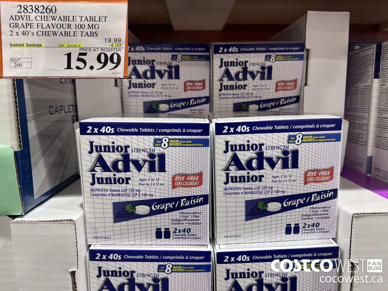 2838260 ADVIL CHEWABLE TABLET GRAPE FLAVOUR 100 MG 2 X 40'S CHEWABLE TABS ($4.00 INSTANT SAVINGS EXPIRES ON 2024-08-18) $15.99