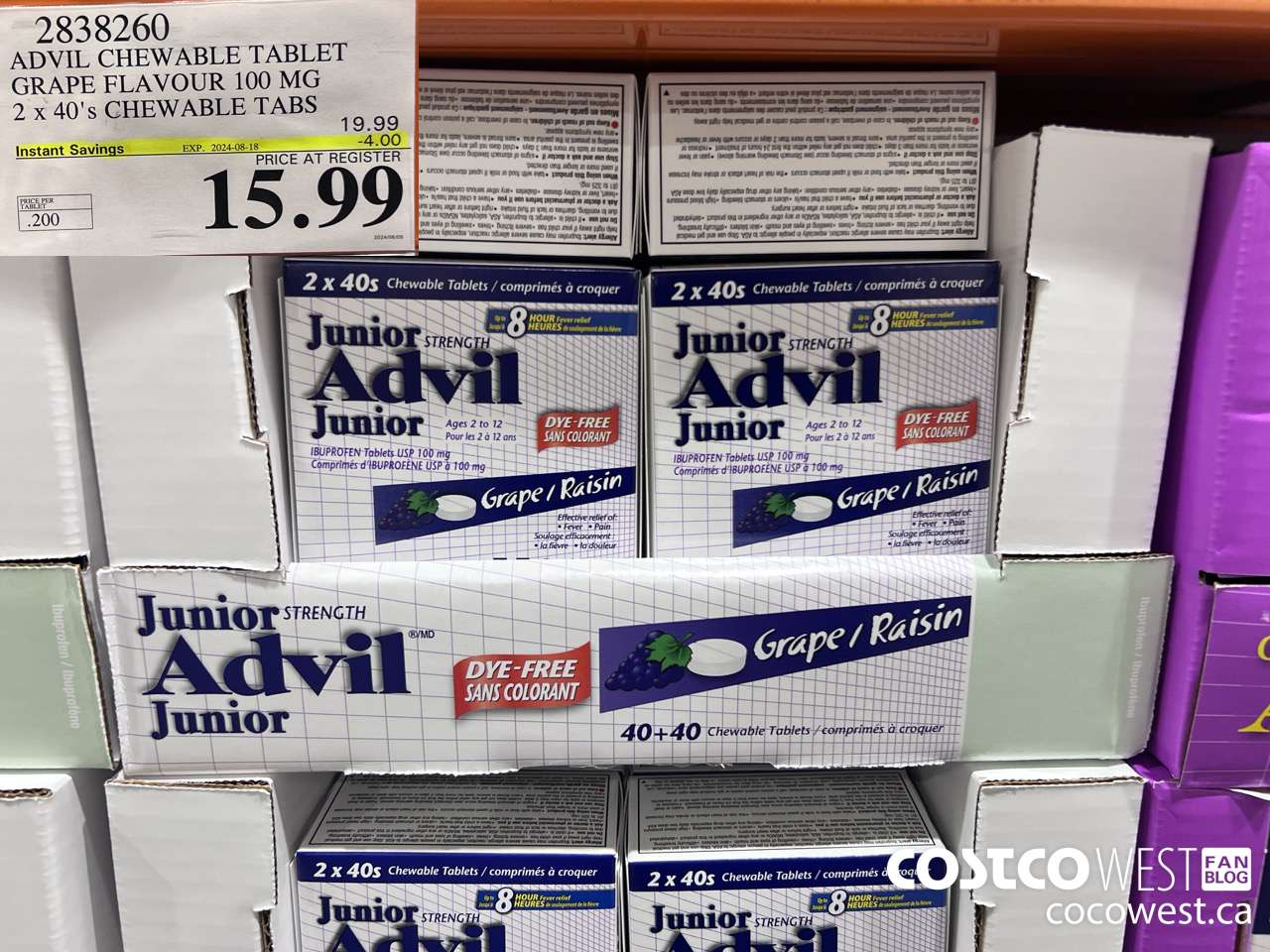 2838260 ADVIL CHEWABLE TABLET GRAPE FLAVOUR 100 MG 2 X 40'S CHEWABLE TABS ($4.00 INSTANT SAVINGS EXPIRES ON 2024-08-18) $15.99