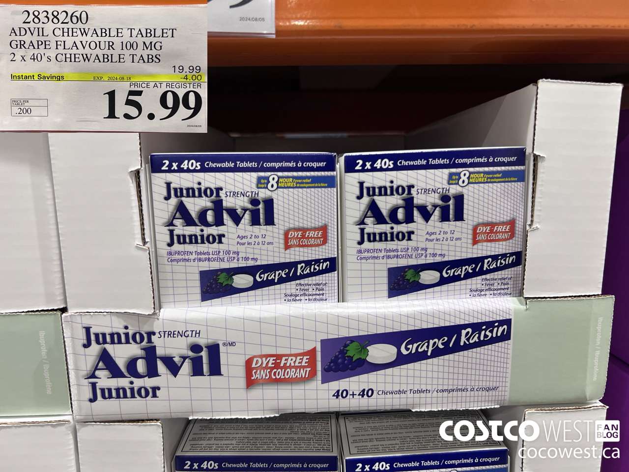 2838260 ADVIL CHEWABLE TABLET GRAPE FLAVOUR 100 MG 2 X 40'S CHEWABLE TABS ($4.00 INSTANT SAVINGS EXPIRES ON 2024-08-18) $15.99