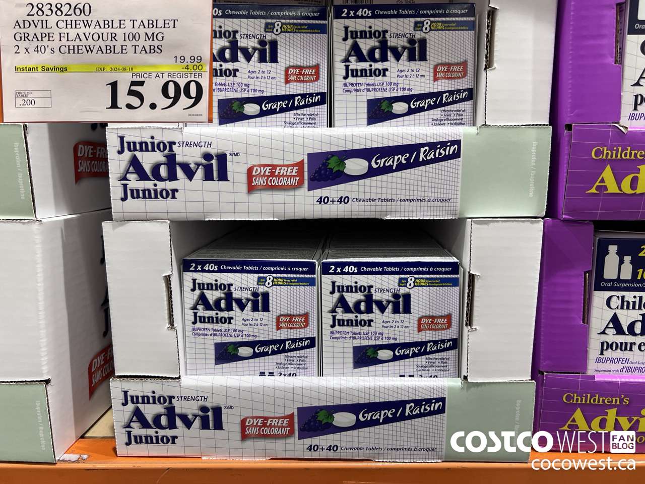 2838260 ADVIL CHEWABLE TABLET GRAPE FLAVOUR 100 MG 2 X 40'S CHEWABLE TABS ($4.00 INSTANT SAVINGS EXPIRES ON 2024-08-18) $15.99