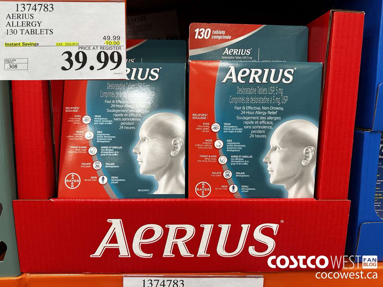 1374783 AERIUS ALLERGY 130 TABLETS ($10.00 INSTANT SAVINGS EXPIRES ON 2024-09-01) $39.99