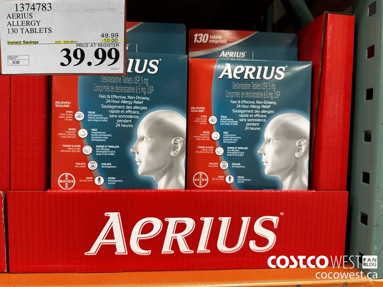 1374783 AERIUS ALLERGY 130 TABLETS ($10.00 INSTANT SAVINGS EXPIRES ON 2024-09-01) $39.99