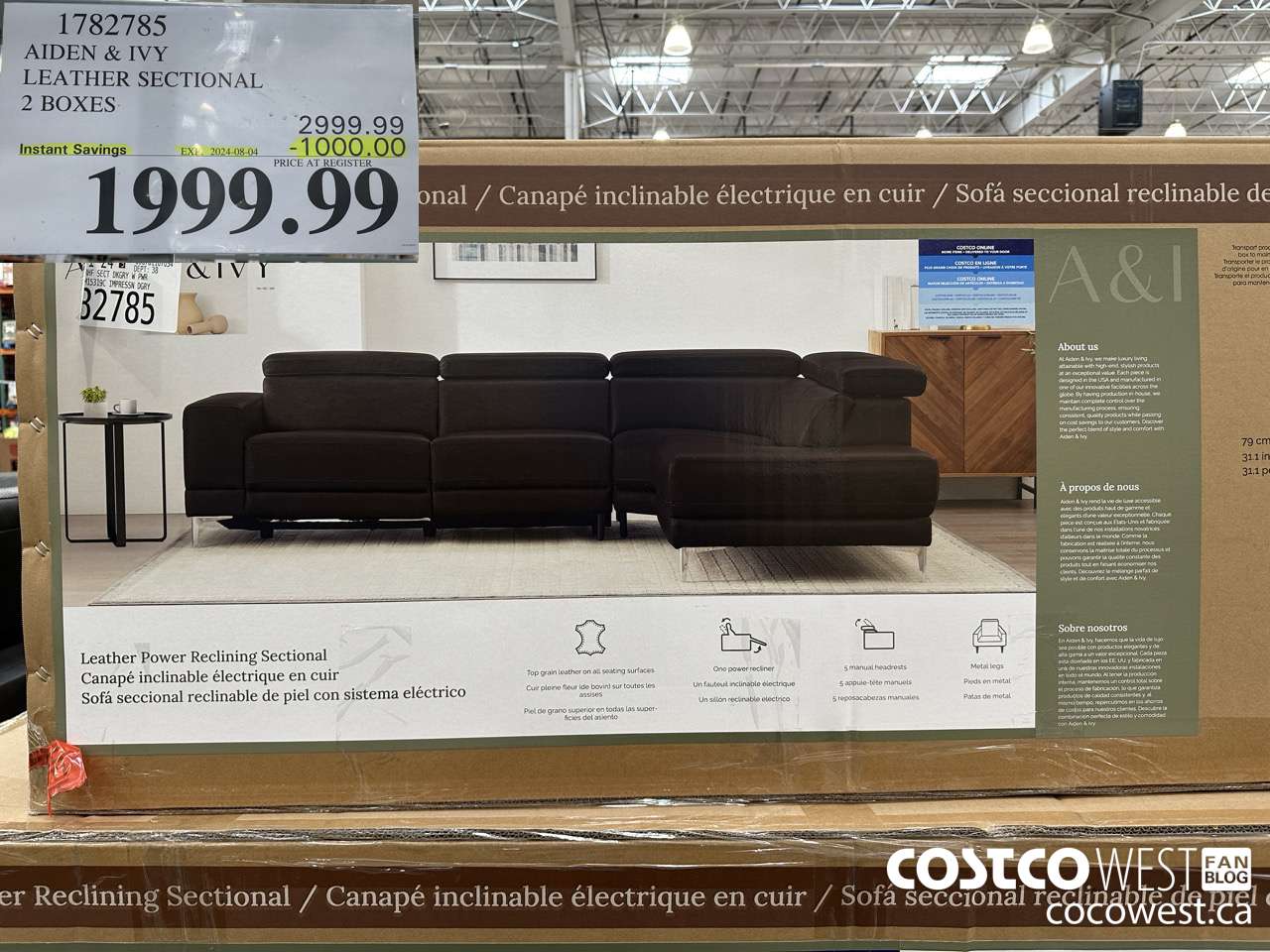 1782785 AIDEN & IVY LEATHER SECTIONAL 2 BOXES ($1000.00 INSTANT SAVINGS EXPIRES ON 2024-08-04) $1999.99