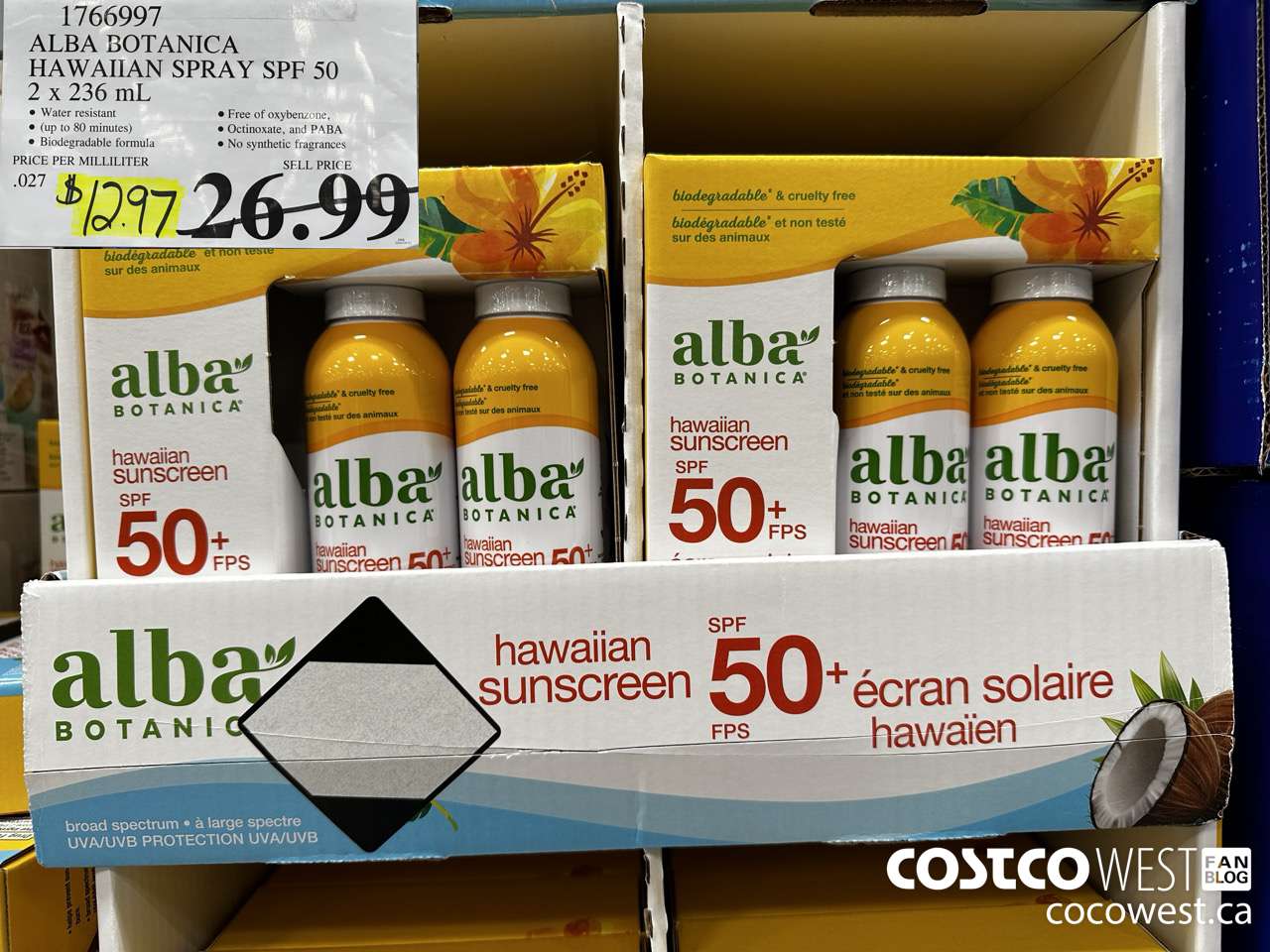 1766997 ALBA BOTANICA HAWAIIAN SPRAY SPF 50 2 X 236 ML $12.97