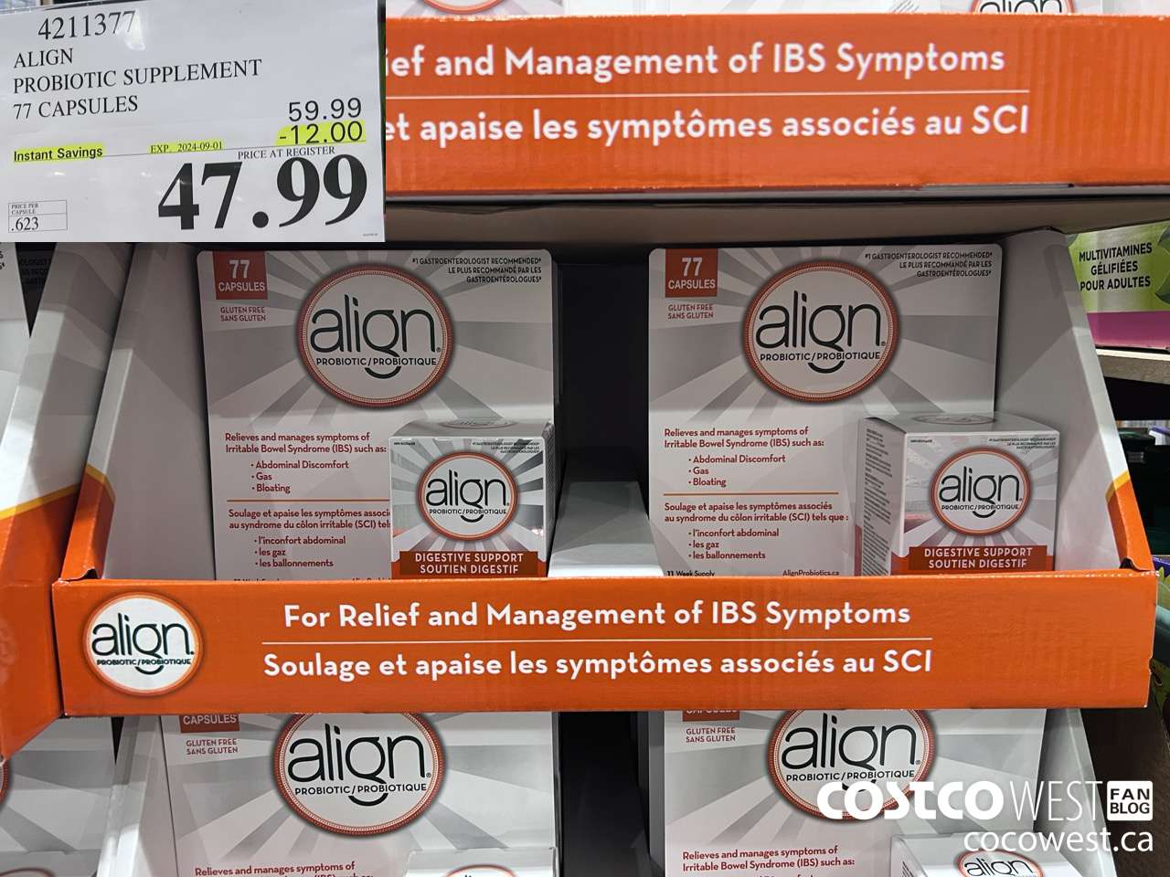 4211377 ALIGN PROBIOTIC SUPPLEMENT 77 CAPSULES ($12.00 INSTANT SAVINGS EXPIRES ON 2024-09-01) $47.99