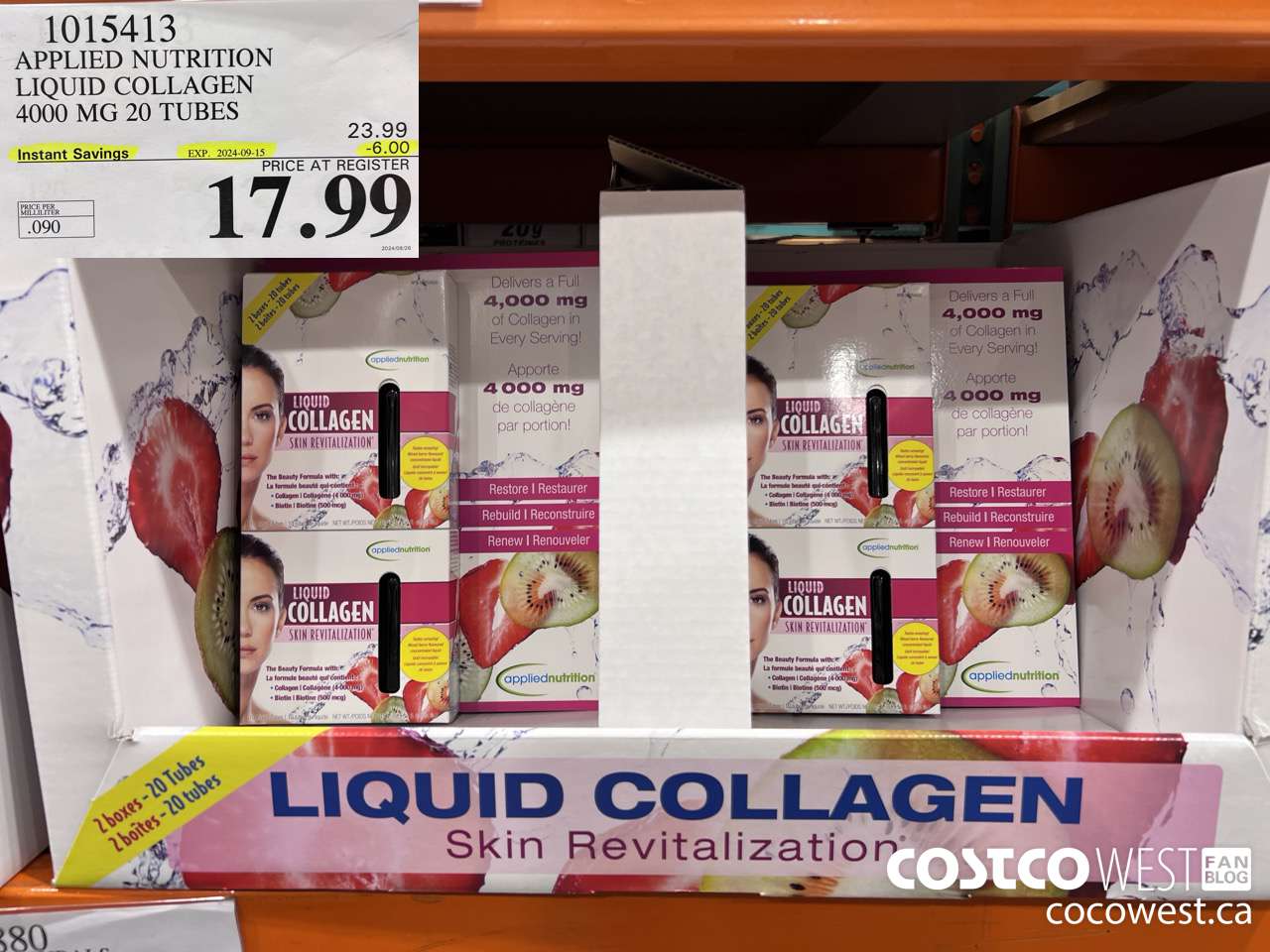 1015413 APPLIED NUTRITION LIQUID COLLAGEN 4000 MG 20 TUBES ($6.00 INSTANT SAVINGS EXPIRES ON 2024-09-15) $17.99