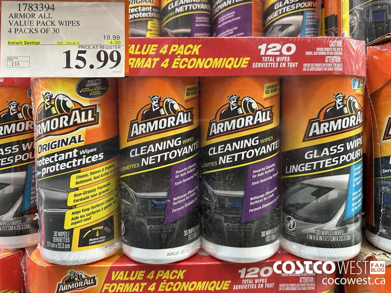 1783394 ARMOR ALL VALUE PACK WIPES 4 PACKS OF 30 ($4.00 INSTANT SAVINGS EXPIRES ON 2024-08-25) $15.99