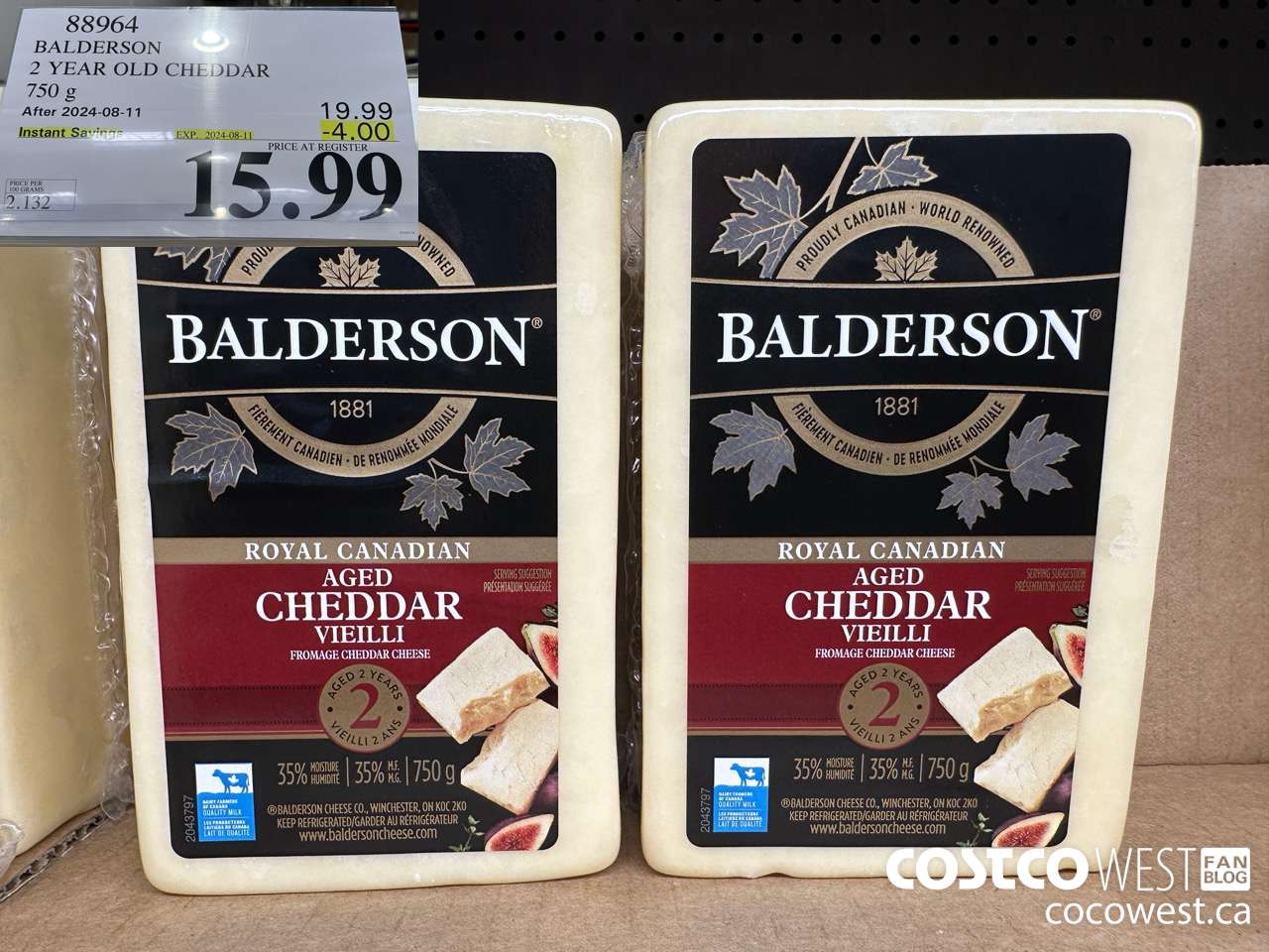 88964 BALDERSON 2 YEAR OLD CHEDDAR 750 g ($4.00 INSTANT SAVINGS EXPIRES ON 2024-08-11) $15.99