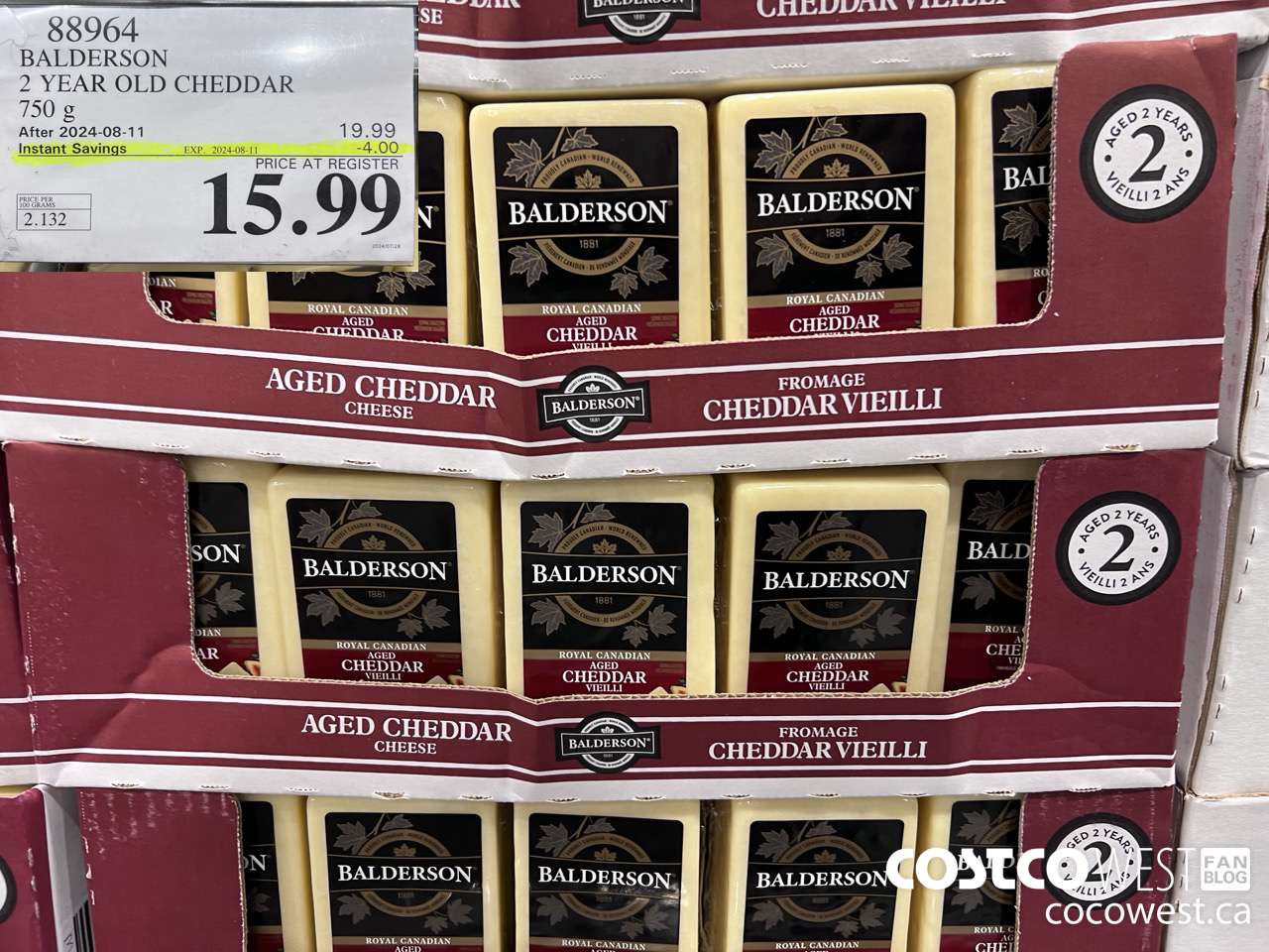 88964 BALDERSON 2 YEAR OLD CHEDDAR 750 g ($4.00 INSTANT SAVINGS EXPIRES ON 2024-08-11) $15.99