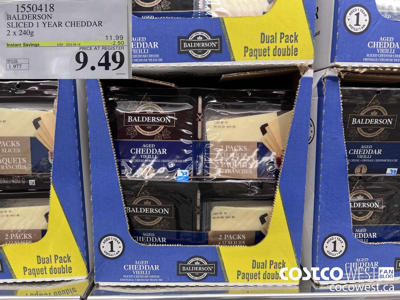 1550418 BALDERSON SLICED 1 YEAR CHEDDAR 2 X 240 G ($2.50 INSTANT SAVINGS EXPIRES ON 2024-08-18) $9.49