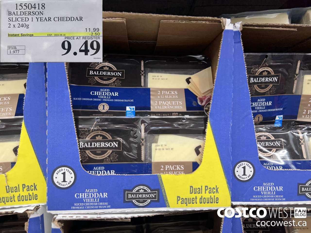 1550418 BALDERSON SLICED 1 YEAR CHEDDAR 2 X 240 G ($2.50 INSTANT SAVINGS EXPIRES ON 2024-08-18) $9.49