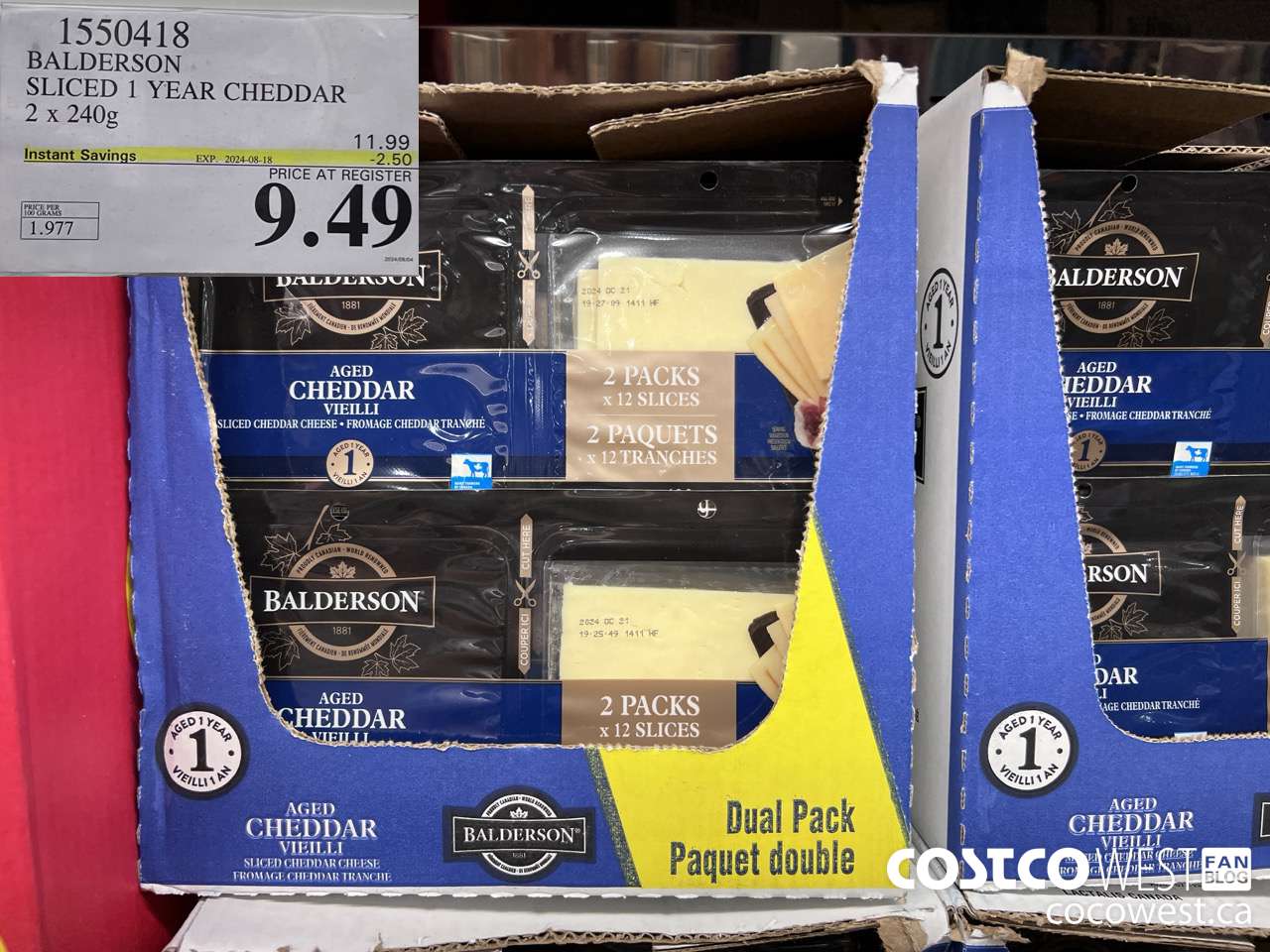 1550418 BALDERSON SLICED 1 YEAR CHEDDAR 2 X 240 G ($2.50 INSTANT SAVINGS EXPIRES ON 2024-08-18) $9.49