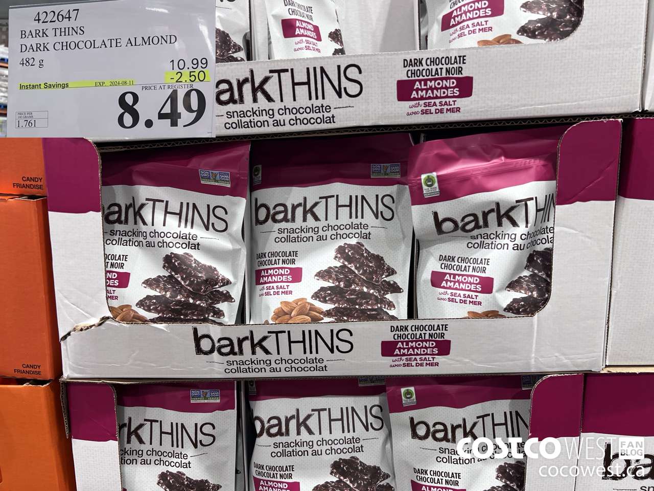 422647 BARK THINS DARK CHOCOLATE ALMOND 482 g ($2.50 INSTANT SAVINGS EXPIRES ON 2024-08-11) $8.49