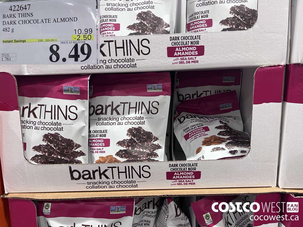 422647 BARK THINS DARK CHOCOLATE ALMOND 482 g ($2.50 INSTANT SAVINGS EXPIRES ON 2024-08-11) $8.49