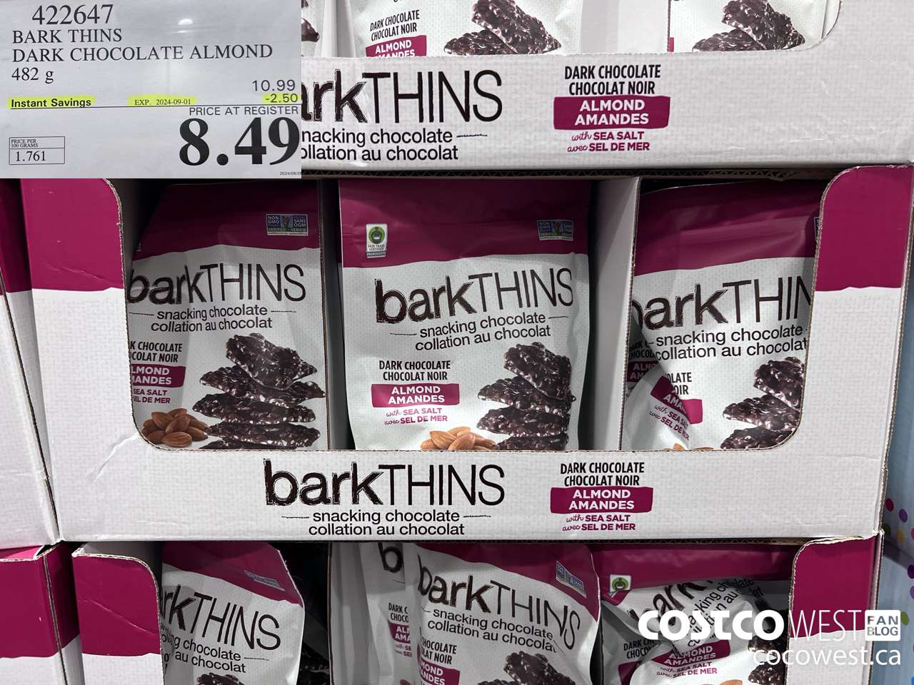 422647 BARK THINS DARK CHOCOLATE ALMOND 482 g ($2.50 INSTANT SAVINGS EXPIRES ON 2024-09-01) $8.49
