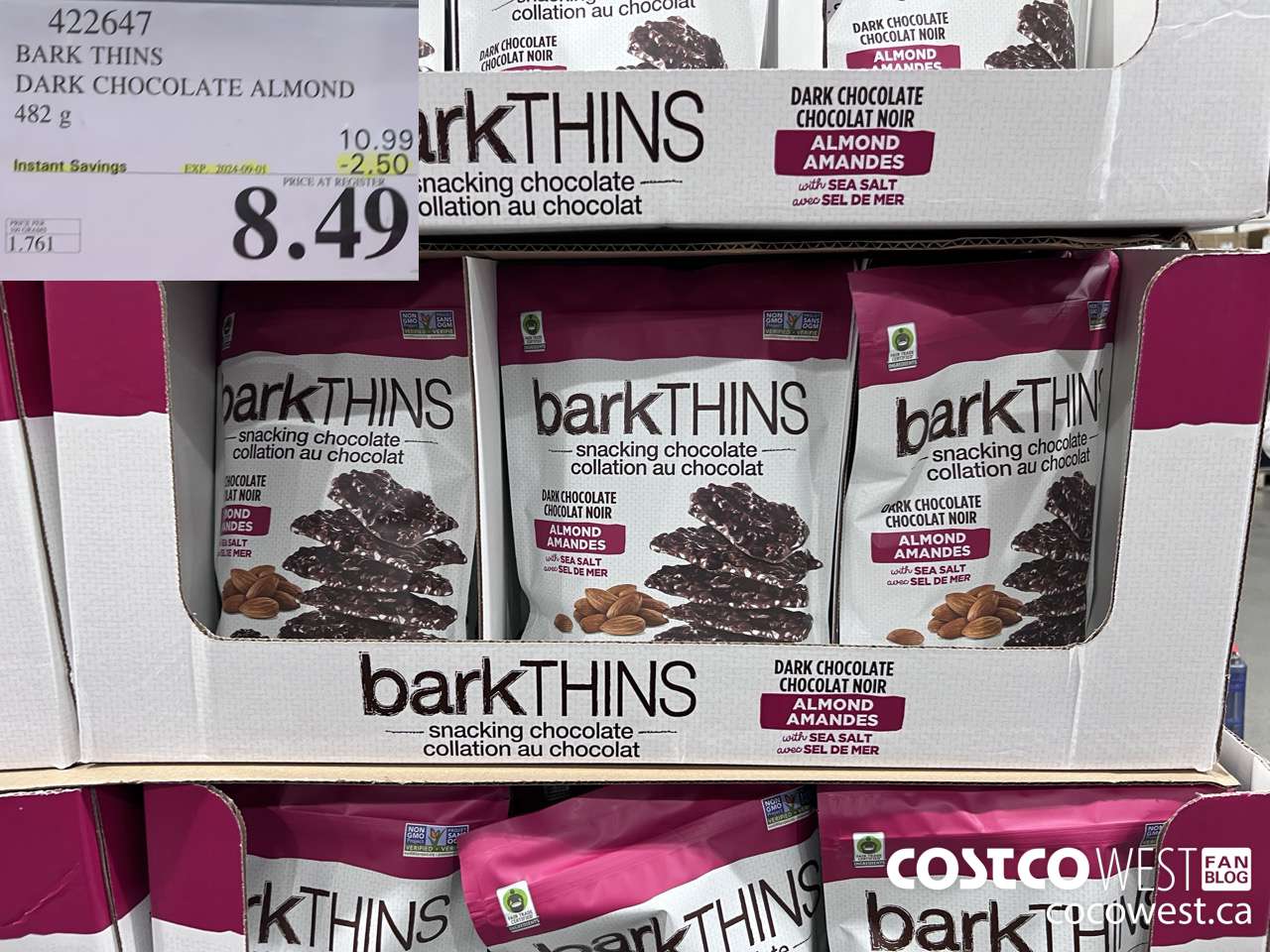 422647 BARK THINS DARK CHOCOLATE ALMOND 482 g ($2.50 INSTANT SAVINGS EXPIRES ON 2024-09-01) $8.49