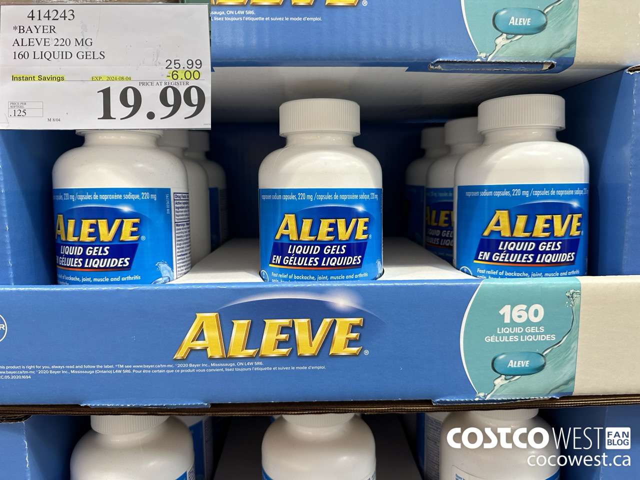 414243 BAYER ALEVE 220 MG 160 LIQUID GELS ($6.00 INSTANT SAVINGS EXPIRES ON 2024-08-04) $19.99