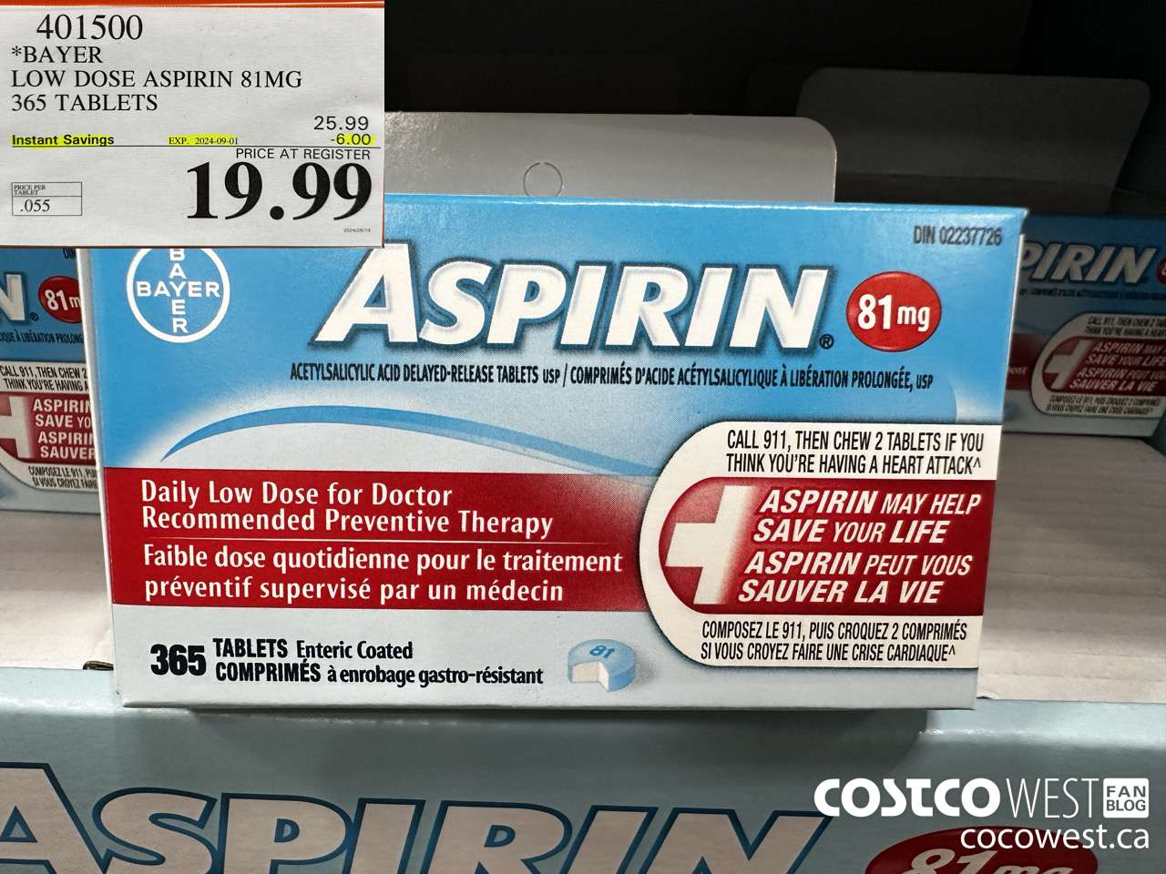 401500 BAYER COATED LOW DOSE ASA 365 81MG TABLETS ($6.00 INSTANT SAVINGS EXPIRES ON 2024-09-01) $19.99