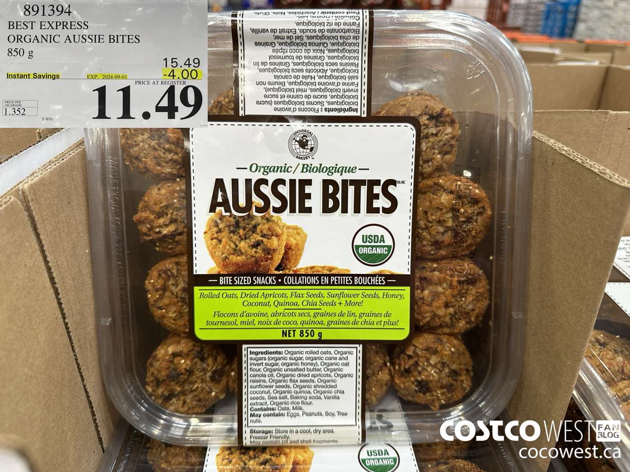 891394 BEST EXPRESS ORGANIC AUSSIE BITES 850 g ($4.00 INSTANT SAVINGS EXPIRES ON 2024-09-01) $11.49