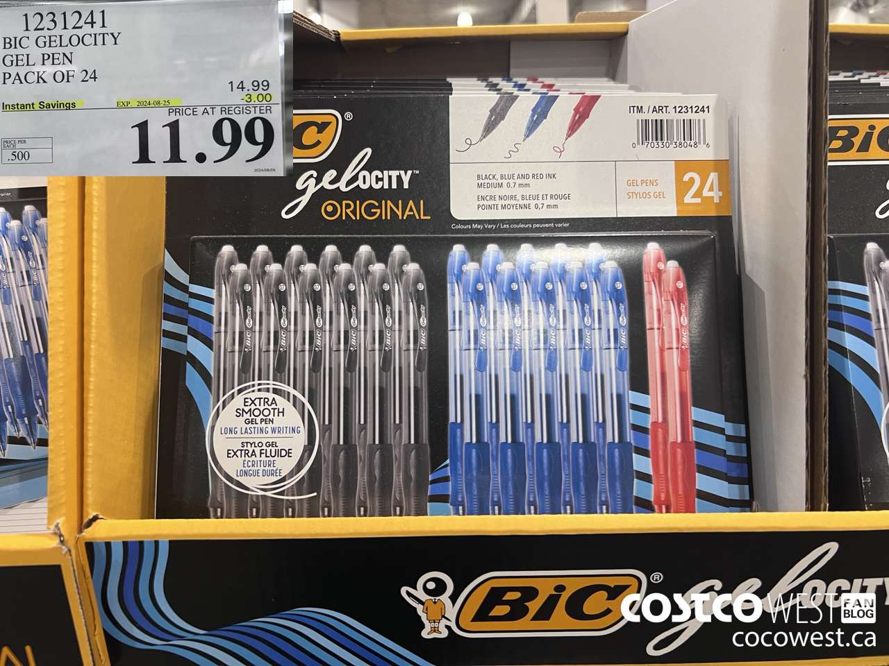 1231241 BIC GELOCITY BLUE & BLK PENS PACK OF 24 ($3.00 INSTANT SAVINGS EXPIRES ON 2024-08-25) $11.99