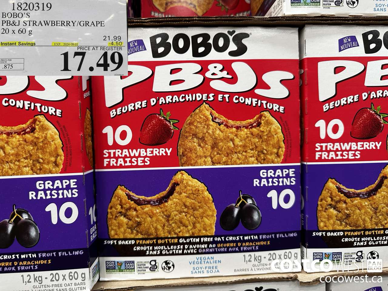1820319 BOBO'S PB&J STRAWBERRY/GRAPE 20 X 60G ($4.50 INSTANT SAVINGS EXPIRES ON 2024-09-01) $17.49