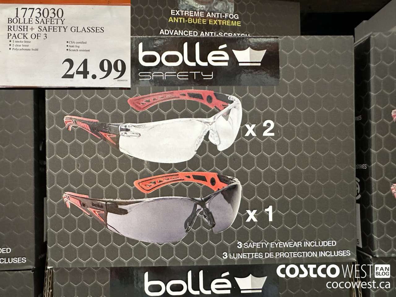 1773030 BOLLE SAFE RUSH+ SAFETY GLASSES PACK OF 3 $24.99
