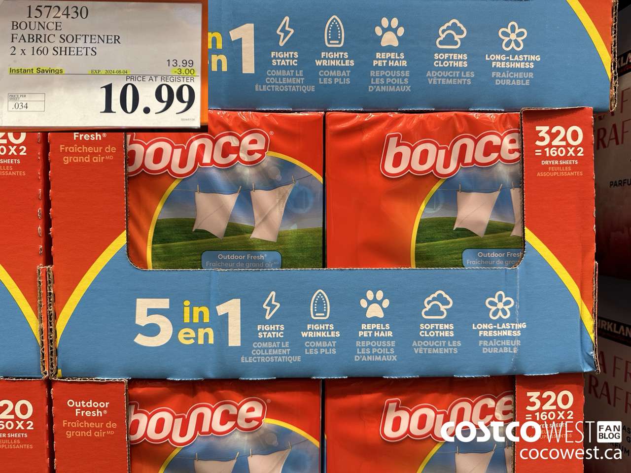 1572430 BOUNCE FABRIC SOFTENER 2 X 160 SHEETS ($3.00 INSTANT SAVINGS EXPIRES ON 2024-08-04) $10.99
