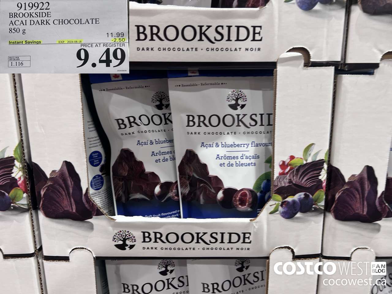 919922 BROOKSIDE ACAI DARK CHOCOLATE 850 g ($2.50 INSTANT SAVINGS EXPIRES ON 2024-08-18) $9.49