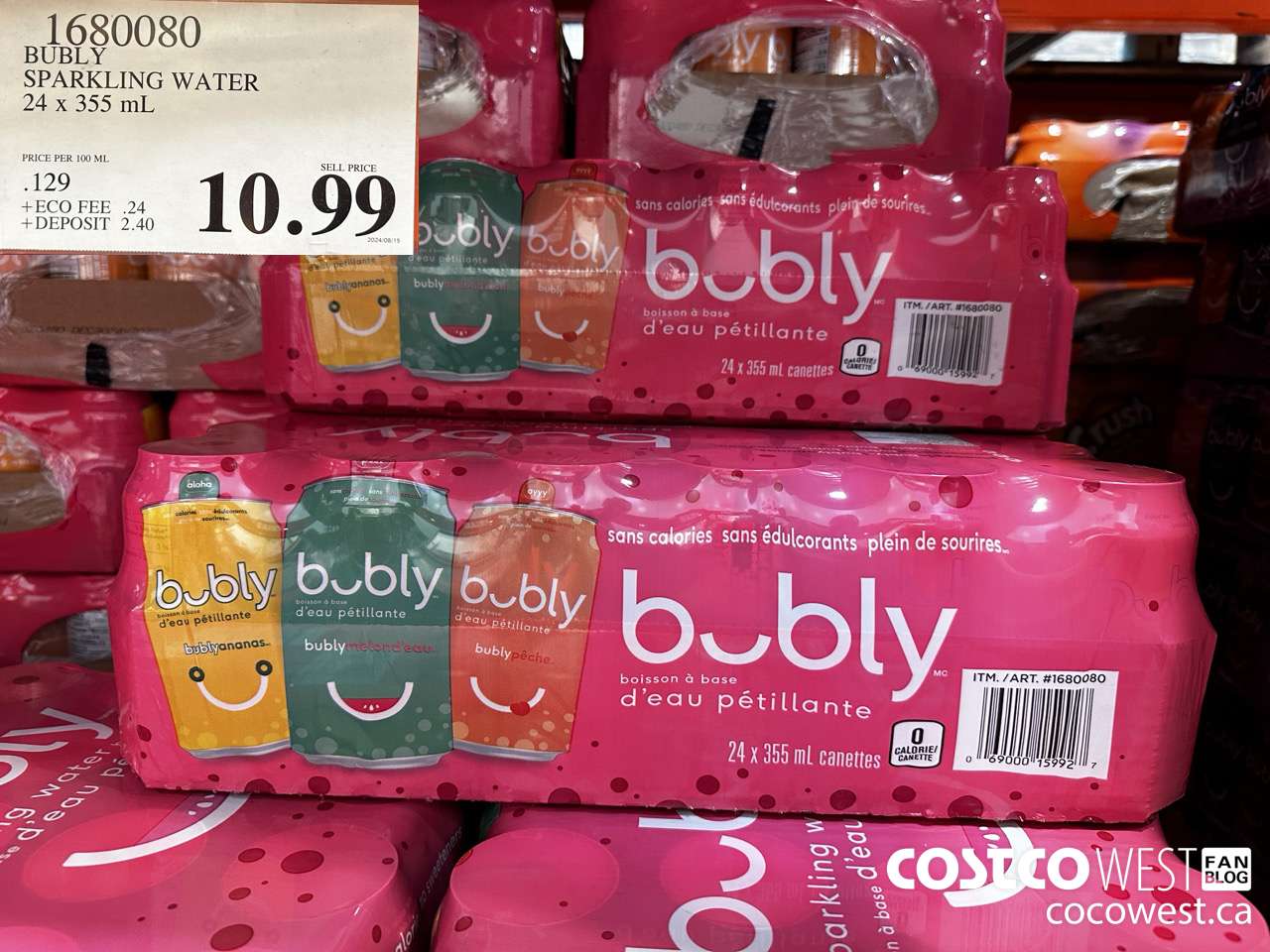 1680080 BUBLY SPARKLING WATER 24 X 355ML $10.99