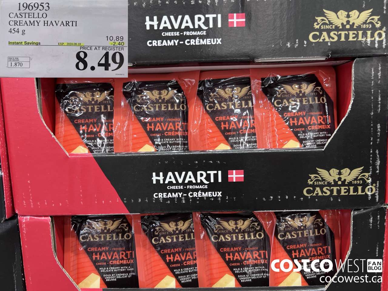196953 CASTELLO CREAMY HAVARTI 454 g ($2.40 INSTANT SAVINGS EXPIRES ON 2024-08-18) $8.49