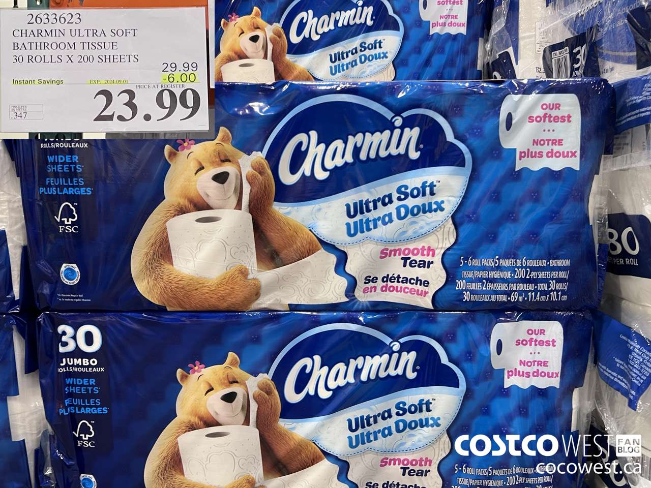 2633623 CHARMIN ULTRA SOFT BATHROOM TISSUE 30 ROLLS X 200 SHEETS ($6.00 INSTANT SAVINGS EXPIRES ON 2024-09-01) $23.99