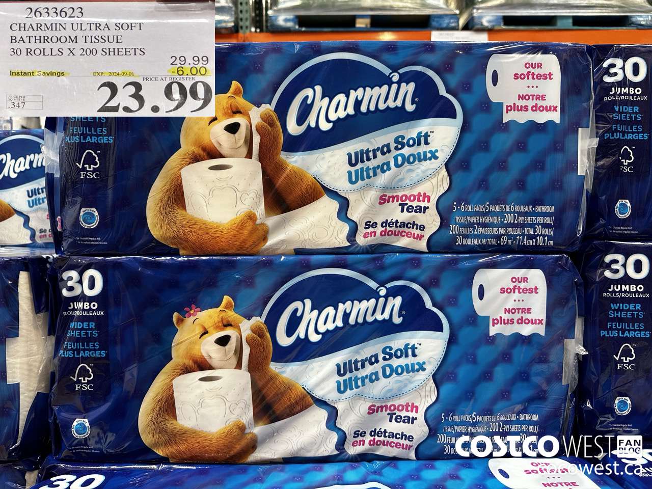 2633623 CHARMIN ULTRA SOFT BATHROOM TISSUE 30 ROLLS X 200 SHEETS ($6.00 INSTANT SAVINGS EXPIRES ON 2024-09-01) $23.99